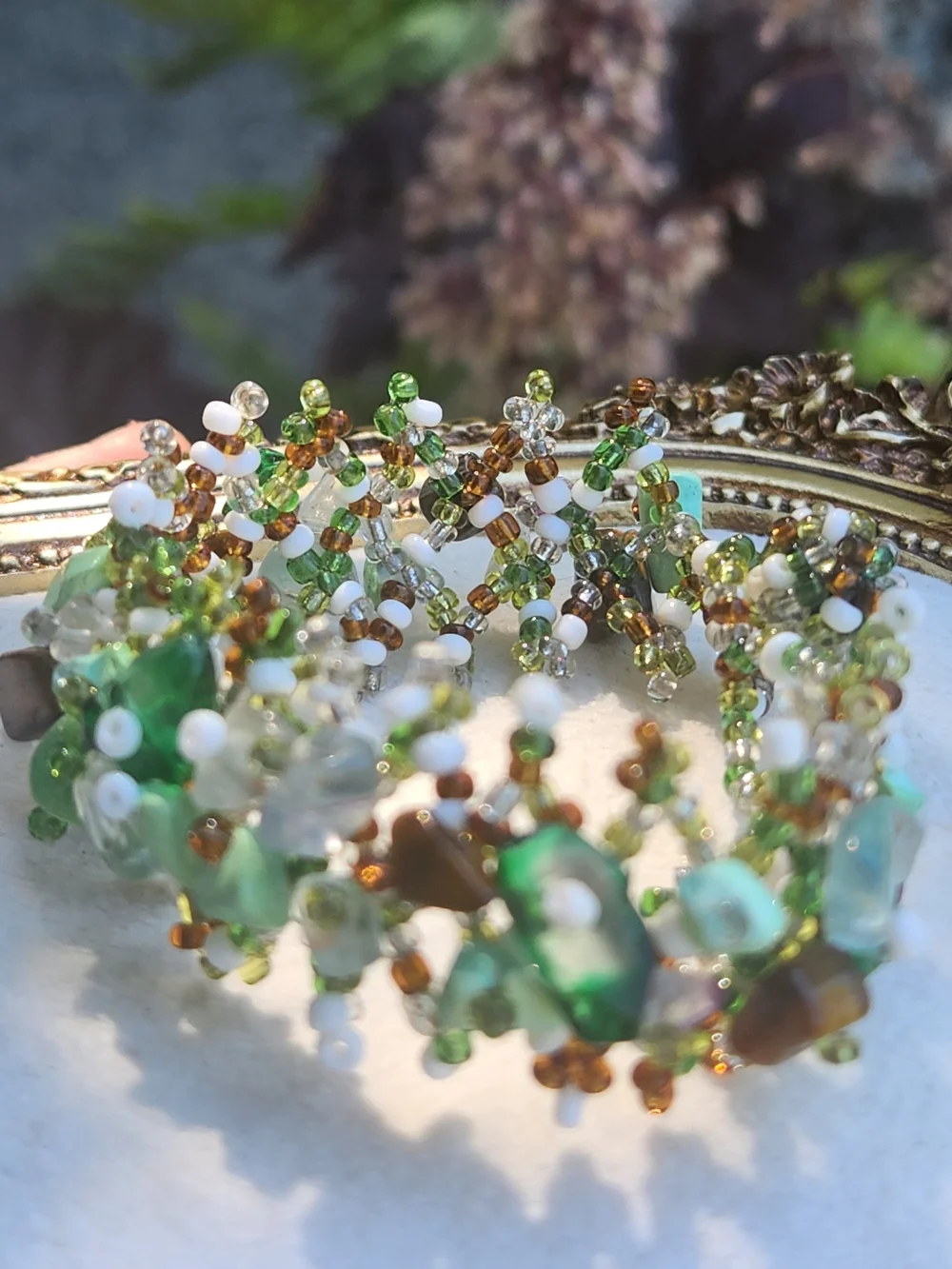VTG Artisan Handmade Beaded Cluster Cuff Bracelet Earthy Green Stone Chip Boho